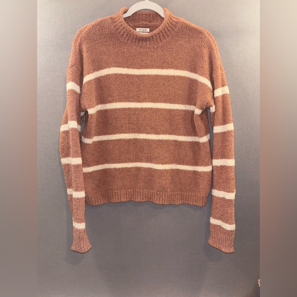 Thread & Supply pink and Cream Striped Mock neck sweater cozy snuggle warm